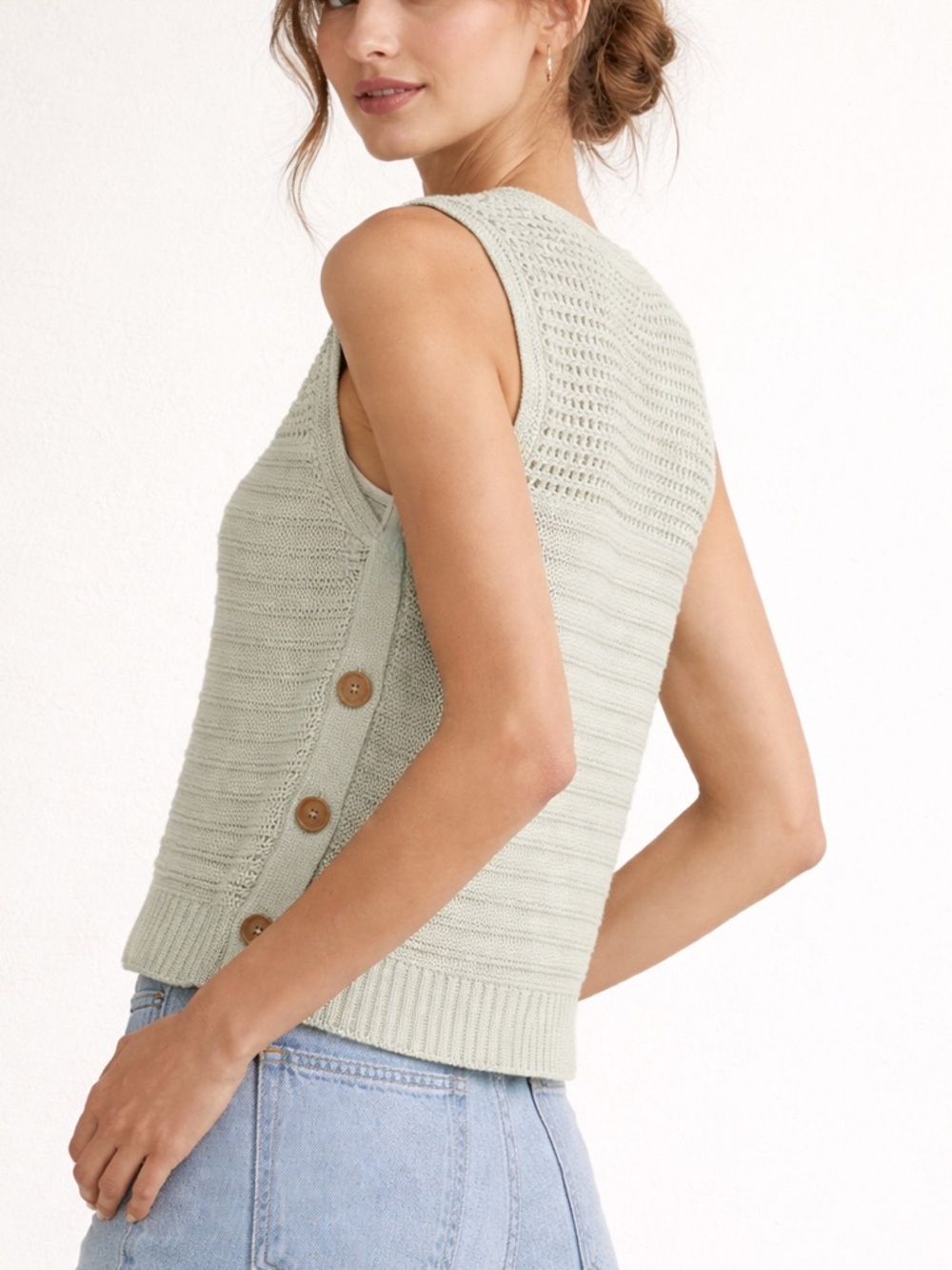 Banana Republic Sage Green Crochet Cotton Knit Vest 3 Button Side Top M